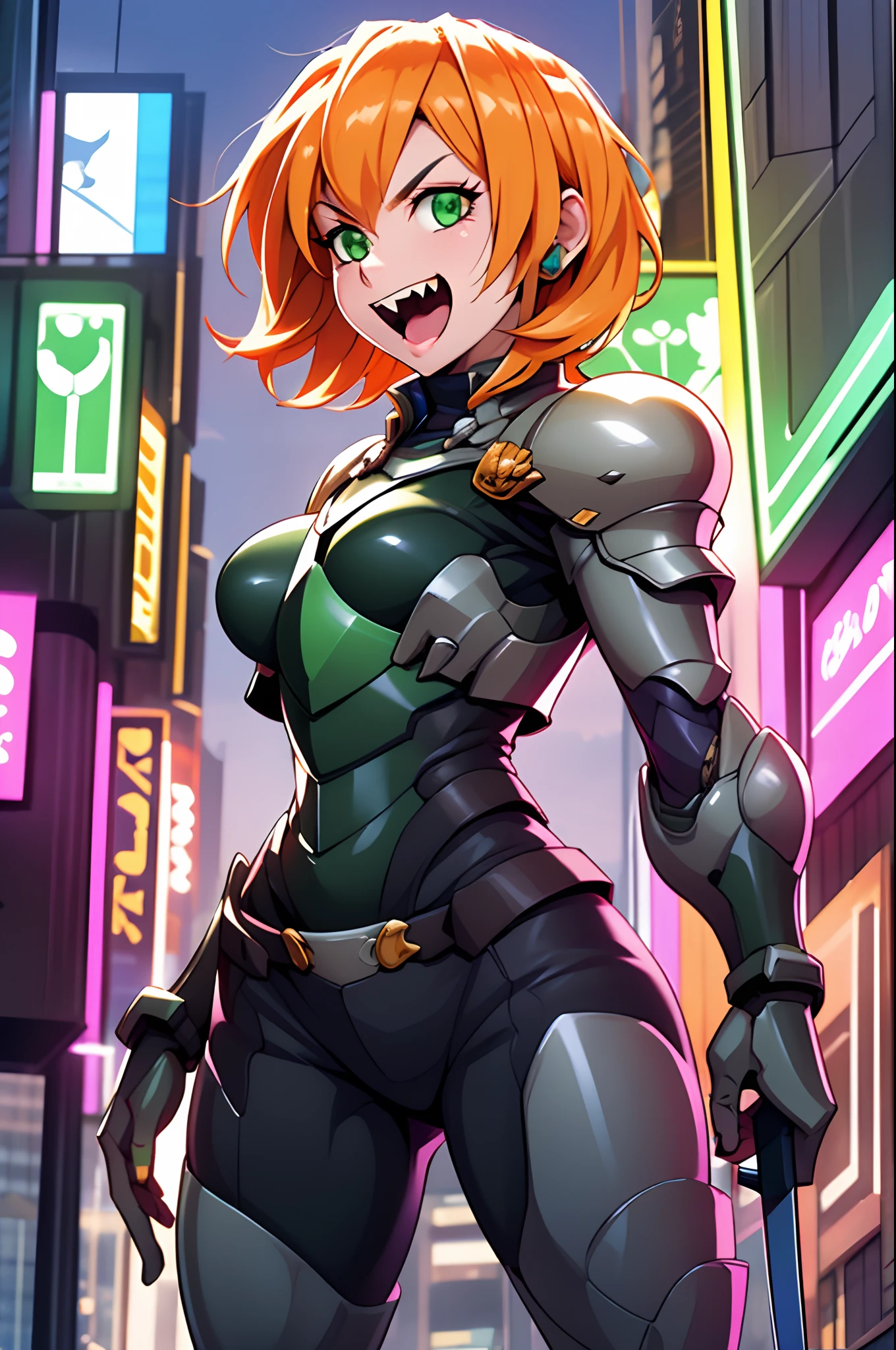 excel, orange hair, smile, fang, open mouth, green eyes,standing, medium breast, pants, pullover, , full body,knight armor, armore, sword holding, fantasy cyberpunk city magic