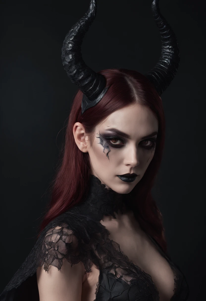 breathtaking demon woman with horns dressed in sexy lingerie posing for a photo in a dark minimal studio, darksynth aesthetic, minimal background, goth makeup, bizarre fashion photography, ultra detailed, masterpiece.