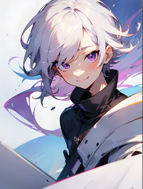 1boy, Solo, , Chibi, white  hair、a purple eye,Have a tablet, smiling, The upper part of the body, cartoon, white backgrounid, glue, Thick black outline,