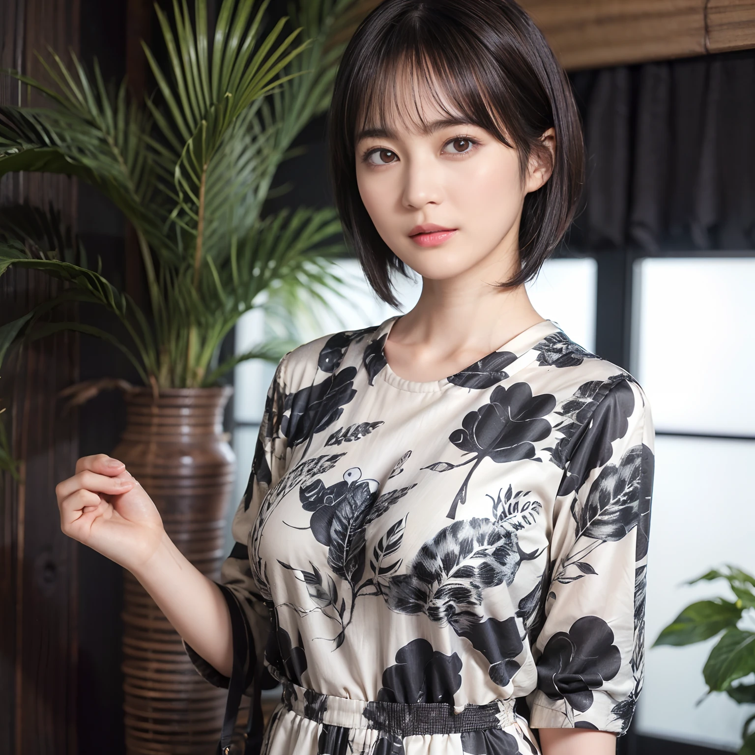 60
(a 20 yo woman,is standing), (A hyper-realistic), (masutepiece), ((A dark-haired、short-hair:1.3)), (Breast), Gentle expression, (Clothing printed with wild animal characters)