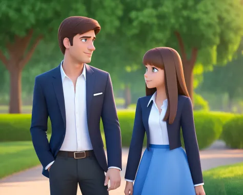Man standing in a park, wearing a black blazer and white shirt and jeans and his 12-year-old teenage daughter wearing a blue dress in a square talking. Disney pixar style image --auto --s2