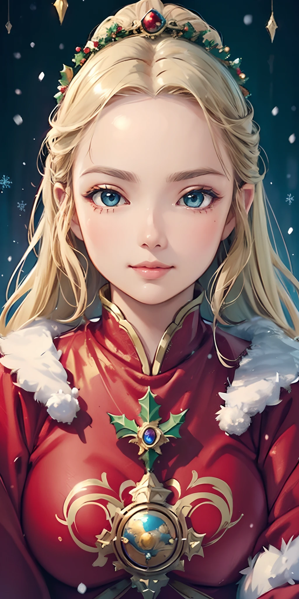 a beautiful empress portrait, blonde hair, perfect blue eyes, with a brilliant, impossible striking big Christmas headpiece, clothes Santa robes, everything Christmas, snow, symmetrical, dramatic studio lighting, rococo, baroque, greens, asian, hyperrealism, closeup, D&D, fantasy, intricate, elegant, highly detailed, digital painting, artstation, octane render, 8k, concept art, matte, sharp focus