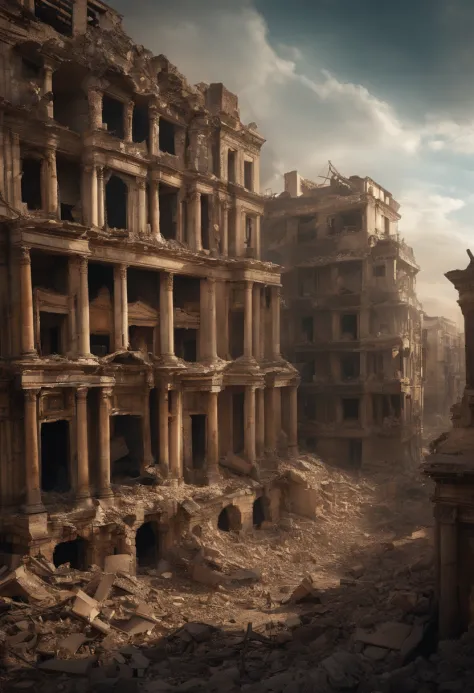 A devastated world, with cities in ruins and a chaotic and desperate human society. The camera pans across the ruins of once-thriving cities, showing buildings collapsed and abandoned, while survivors scavenge for resources in the background.