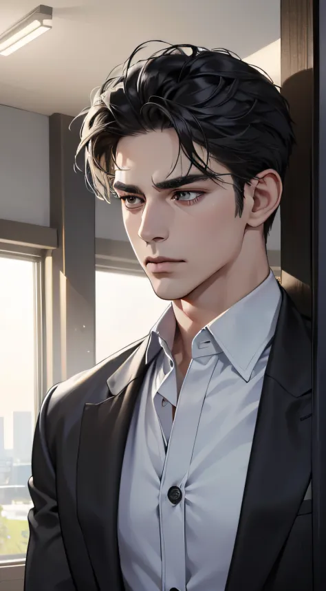 (best quality, masterpiece, 8K, photorealistic, cinematic lighting, hdr image, ultra detailed, beautiful image), 1 man, 31 years old, mature man, very handsome, (without expression, serious), short black hair, black eyes ( penetrating gaze), perfect face w...