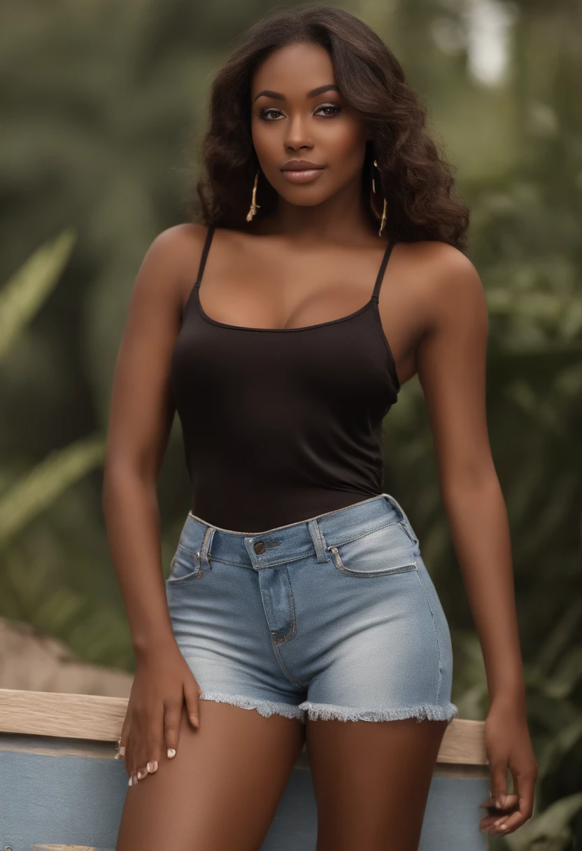 A woman in a black top and denim shorts posing for a picture - SeaArt AI