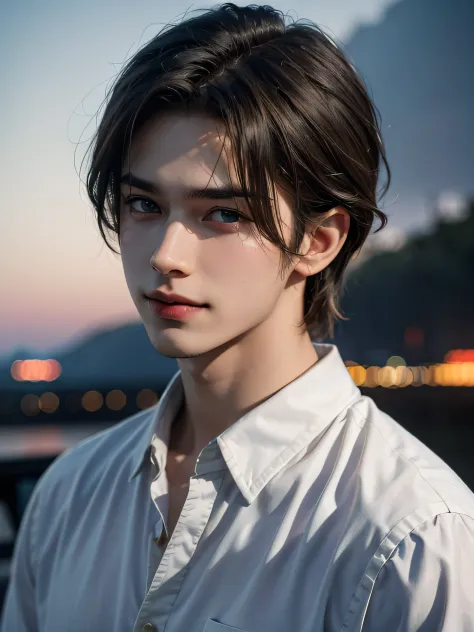 1boy, 17 yr old, teenaged, Light-brown hair, azure blue big eyes, Solo Focus Teen Facial, white  shirt, a handsome, Smiling, Realistic, The dynamic pose is realistic, Detailed and correct facial structure, Leon S. Kennedy, a handsome, Extremely detailed, D...