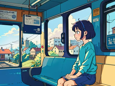 Someone is sitting on a train bench and looking out a window at the landscape passing by, Elogio Artstyle, Arte Lofi, lofi aesth...