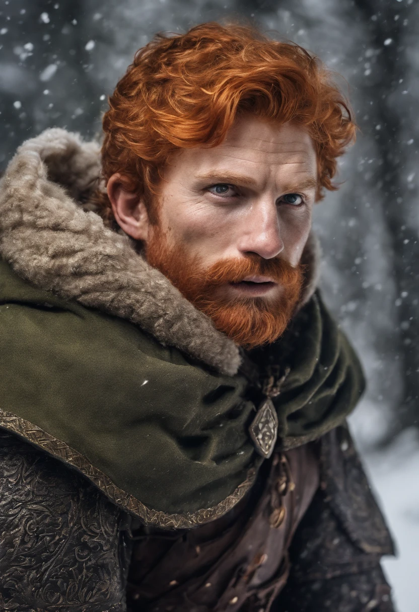 mysterious middle aged human male, short ginger hair, short ginger beard, scarred face, scars, dark green eyes high details, grey scale armor, dark hooded cloak, dark fantasy, cinematic shot, holy glow, frozen tundra, medieval, masterpiece