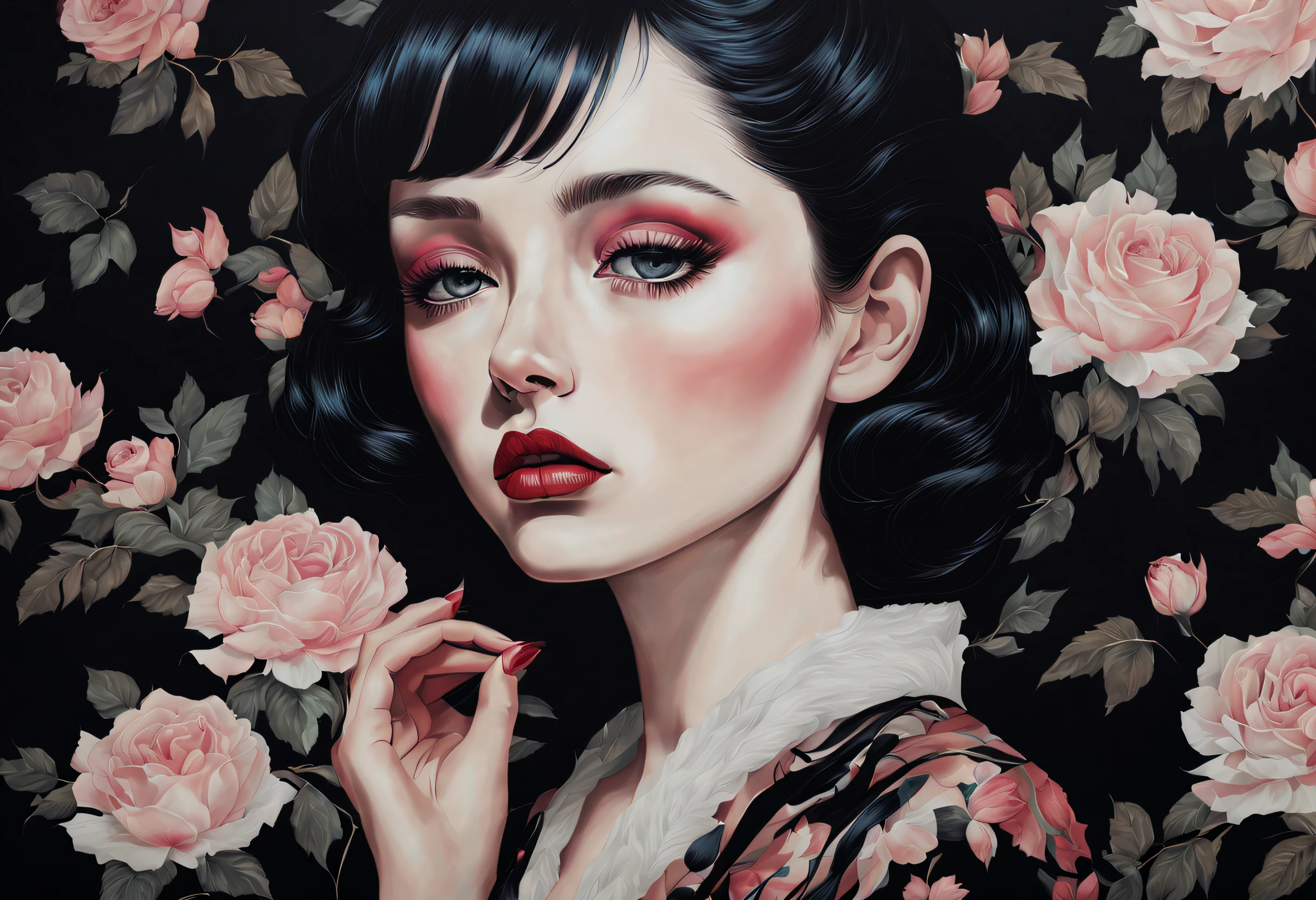 technique du clair-obscur sur l&#39;illustration sensuelle d&#39;une fille élégante, , ancien, sinistre, Peinture mate, par Hannah Dale, par Harumi Hironaka, couleurs extrêmement douces, vibrant, très détaillé, illustrations numériques , Contraste élevé, Spectaculaire, raffiné, tonal, expression du visage