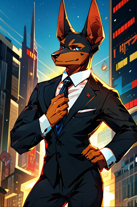 (Man in black suit and tie)comic strip、Anthropomorphic Doberman dog、cyberpunked