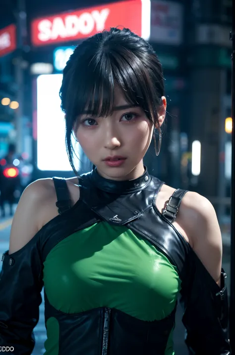 Dark Body 8K Drive Rendering, Teenage Female Cyborg, Green Shortcut Hair, In the city of neon lights, action SHOT, Luminous complex earrings, closes mouth,  ((a closed mouth)), Skin pores, Detailed complex iris, Very dark lighting, heavy shadow, Detailed a...