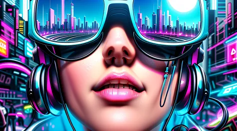 A woman with headphones and sunglasses in a futuristic city, Estilo de arte cyberpunk, Estilo de Arte futurista, cyberpunk vibes...