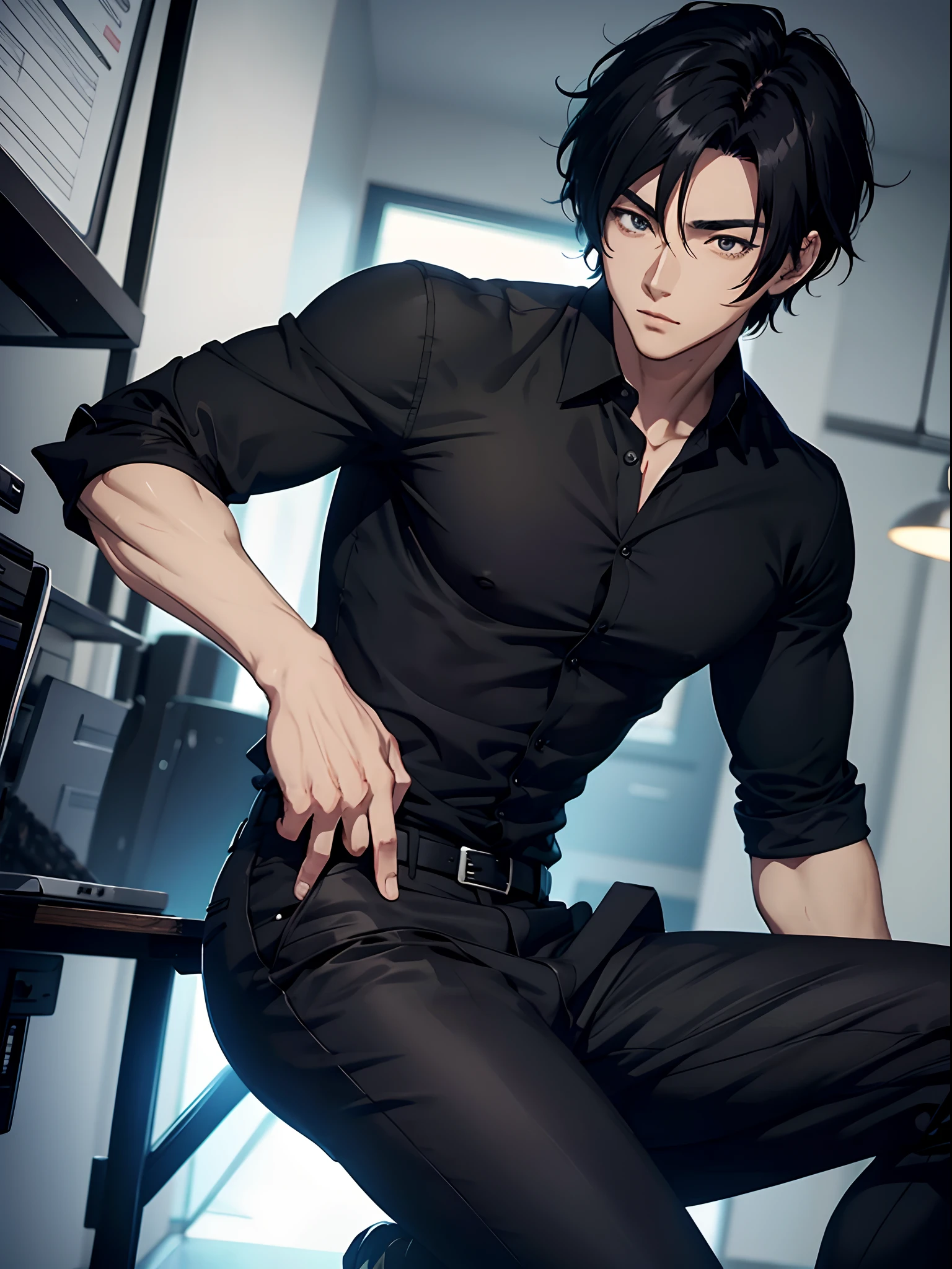 Anime guy in black shirt sitting on a desk with his hands on his hips -  SeaArt AI