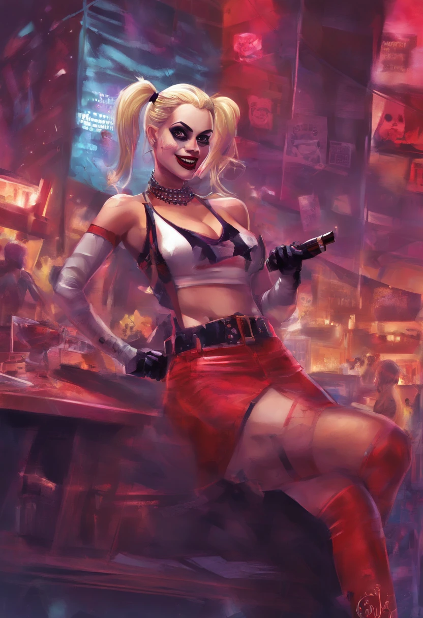 A painting of a woman in a red skirt holding a gun - SeaArt AI