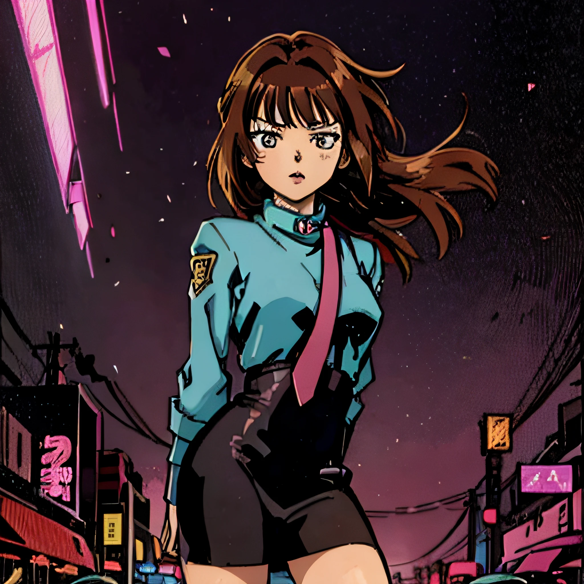 Anime-style woman, manga, ultra detallada, estilo Shingo Araki, with dark brown hair, con traje futurista, On neon streets