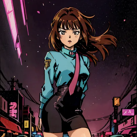 anime-style woman, manga, ultra detallada, estilo shingo araki, with dark brown hair, con traje futurista, on neon streets