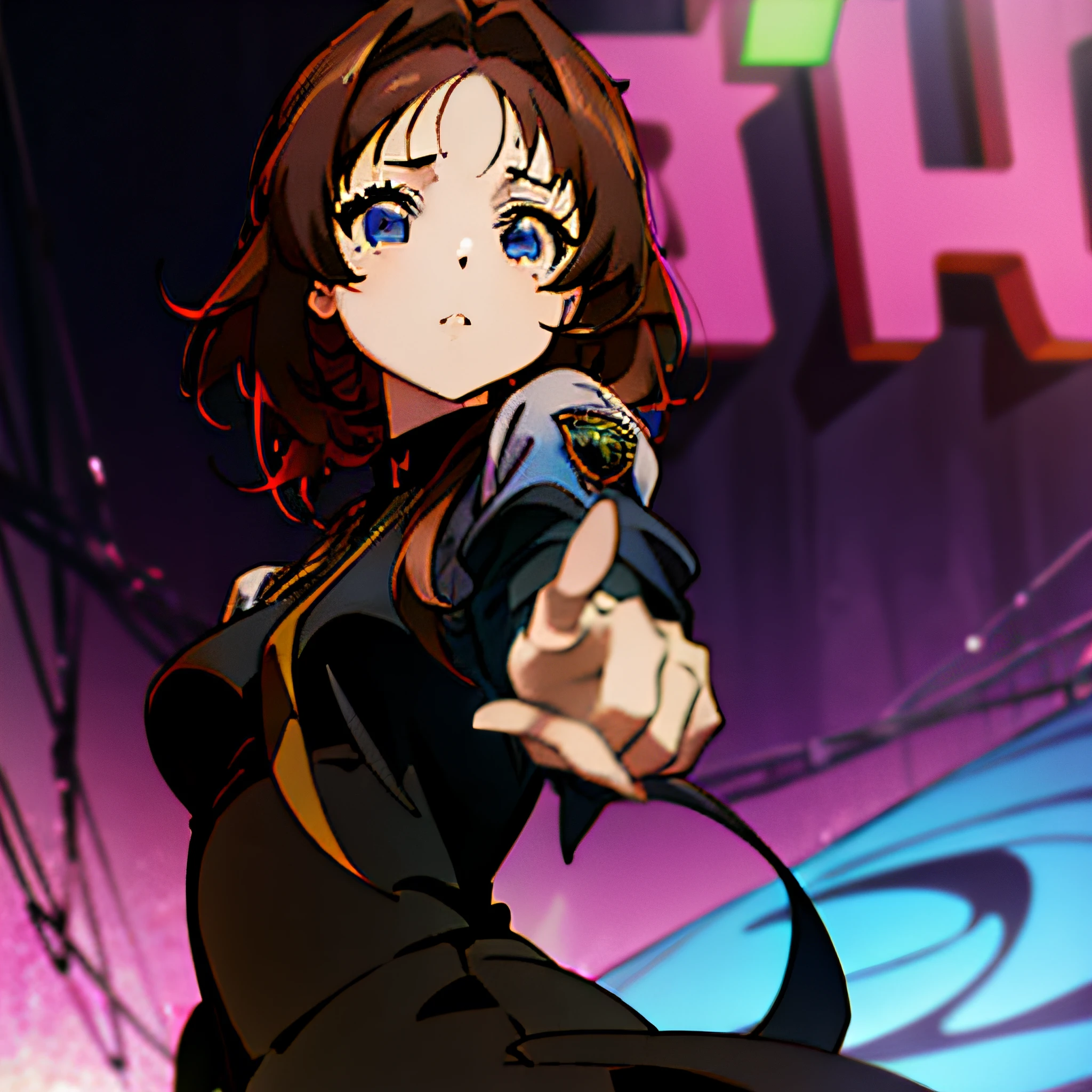 Imagen ultra detailed, Anime-style woman, manga, ultra detailed, Shingo Araki style, with dark brown hair, with futuristic suit, On neon streets