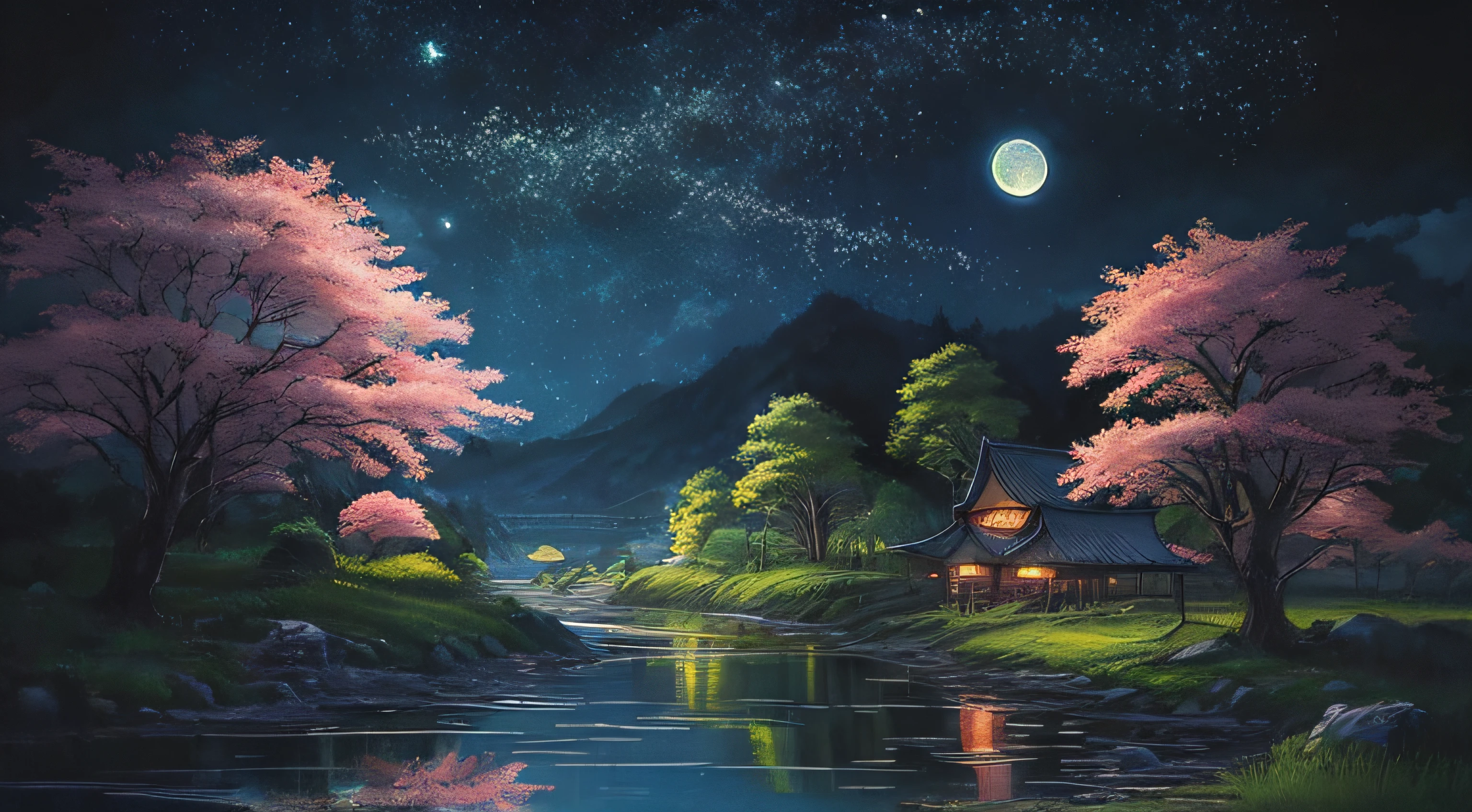 A painting of a river with stars and moon in the sky, concept art inspired by Tosa Mitsuoki, pixiv contest winner, best quality, fantasy art, beautiful anime scene, a bright moon, moonlit starry environment, dream painting, Anime Background Art, Fantasy Landscape Art, Fantasy Night, Anime Background, Background Artwork, Fantastic Art, Atmospheric Anime, Starry Sky, Detail Enhanced.