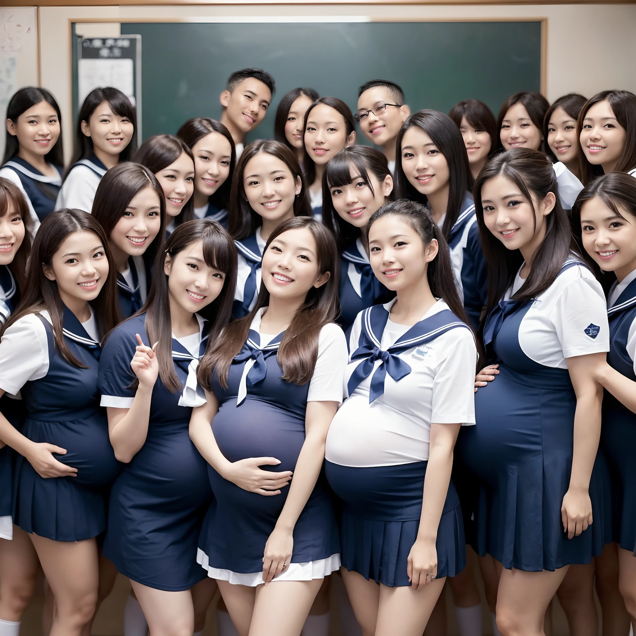 ((Align and take a group photo,Line up in the classroom and take a group photo,Line up and take a group photo,20 guests,Mass pregnant women,in group photograph,A very large flock of pregnant women,Pregnant women group,5 Pregnant women,15. High School Girl Pregnant,15 Pregnant women,Multiple pregnant women,15 Japan pregnant women,Pregnant,15 pregnant women in Japan,Shot from the top of the wrap,Very big belly、High School Sailor School Uniform、White sailor suit with short sleeves、Red ribbons,Navy blue skirt、Good left-right balance,Horizontal and horizontal alignment)),(Smile here,Perfect gas chamber,Happy smiling face,Shot from the top of the wrap,A detailed face,Looking at the camera),finerly detailed face,Lifelike face,Clean teeth,White teeth,perfect teeth,A slight smil,8K、hightquality、The best images、beautiful image