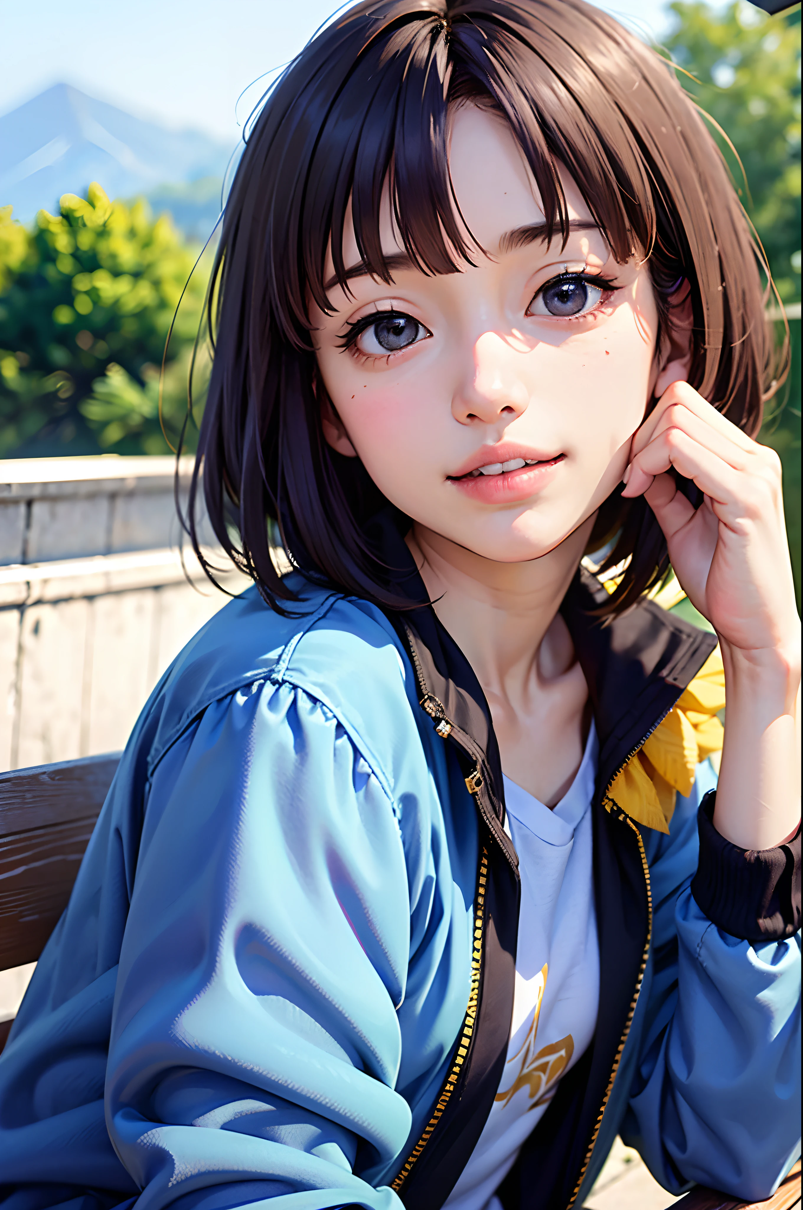 masterpiece, best quality, 1girl, solo, K-NANAMI, ((20yo, japanese face, japanese Actress)), short hair, black hair, black eyes, blue jacket, black gym-wear, (No expression), sitting, outdoors, sitting on a bench, ((upper body, face focus, face close-up)), smile, teeth,