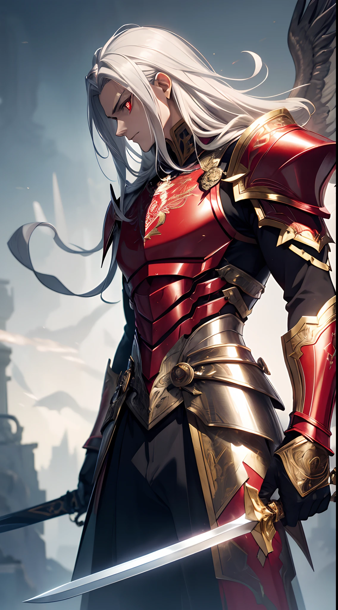 A man, silver hair, Red eyes, gold Eagle knight, fine armor, big sword, intricate design, red details, silk, cinematic lighting, 4k, floating hair, sharp, prism, shining knight
