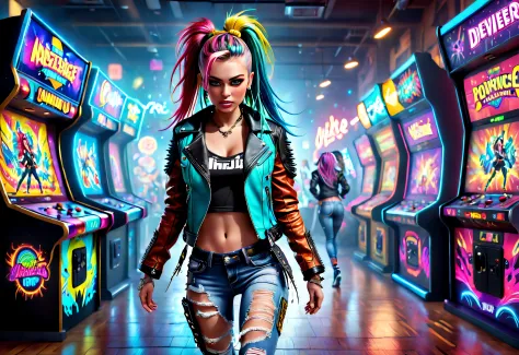 (Best quality,4K,8K,A high resolution,Masterpiece:1.2),Ultra-detailed,(Realistic,Photorealistic,photo-realistic:1.37),bright vibrant colors,1 Punk girl，dynamicposes, dual horsetail, Leather jacket,ripped jeans，Hair dyed in bright colors,Play video games se...