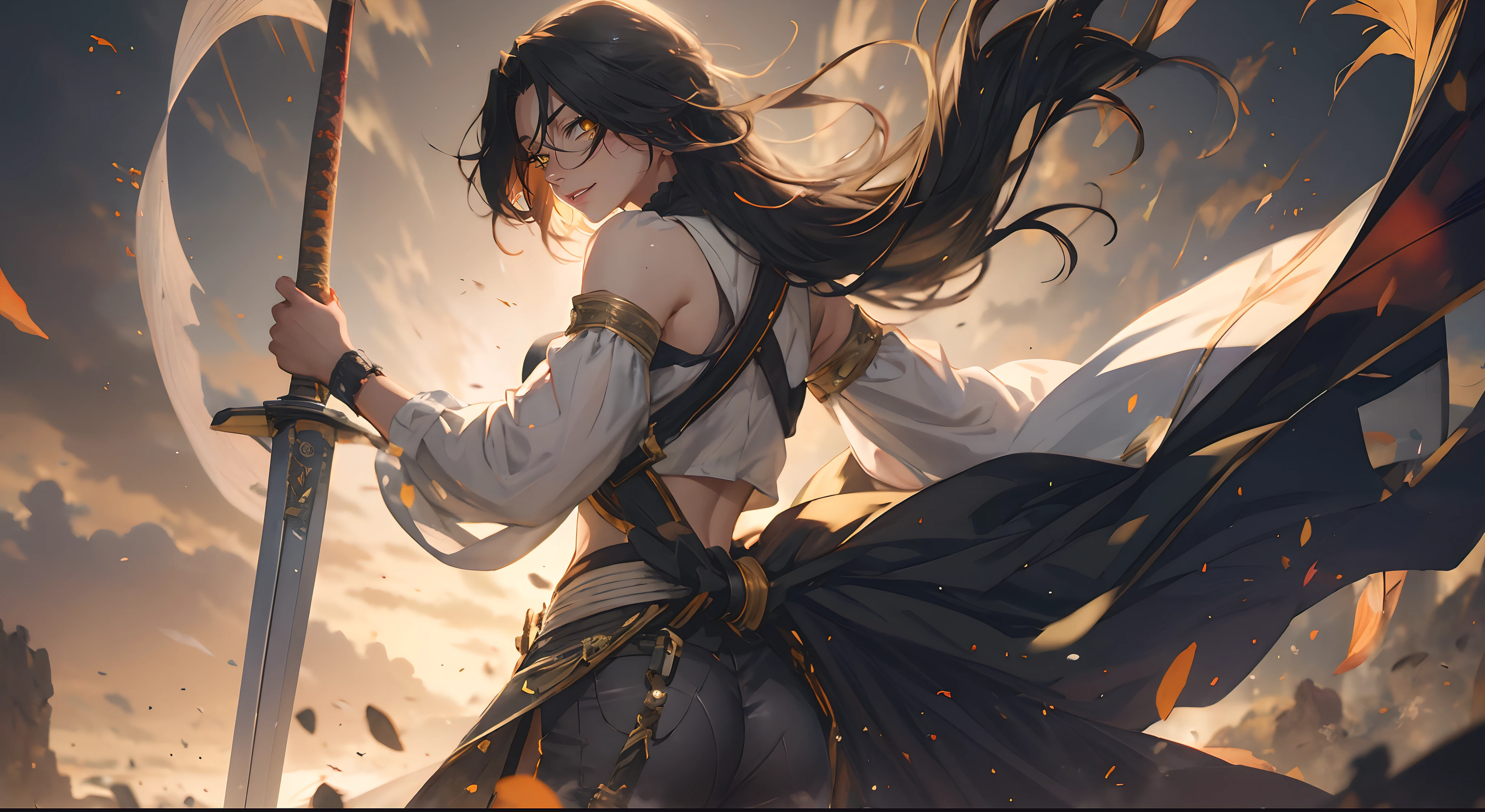 dominique_de_sade, (long hair, black hair:1.5), yellow eyes, sweating, glowing eyes, heavy breathing, female focus, sword, holding, solo, wide_sleeves, 1girl, black_hair, holding_sword, bare_shoulders, detached_sleeves, looking_at_viewer, long_sleeves, standing, breasts, floating_hair, sunset, katana, cowboy_shot, cloud, midriff, medium_breasts, looking_back, back, "glow effects, godrays, Hand drawn, render, 8k, octane render, cinema 4d, blender, dark, atmospheric 4k ultra detailed, cinematic, Sharp focus, big depth of field, Masterpiece, colors, 3d octane render, 4k, concept art, trending on artstation, hyperrealistic, Vivid colors, extremely detailed CG unity 8k wallpaper, trending on CGSociety, Intricate, High Detail, dramatic", anime coloring, anime screencap, sweating, steaming body, fog