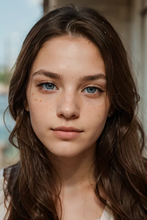 A young woman with long brown hair and slightly curly hair , Sapphire blue almond eyes with a scratch-like scar on the old left eye and a few freckles on the face .