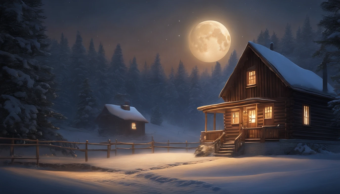 snowy night scene with a cabin and a full moon, winter night, winter scene fantasy, inspired by Evgeny Lushpin, winter atmosphere, inspired by Ivan Kramskoi, moonlight snow, winter painting, snowy night, inspired by Terry Redlin, australian winter night, twilight ; digital oil painting, the glow of the moonlight, moonlight snowing, calm night. digital illustration