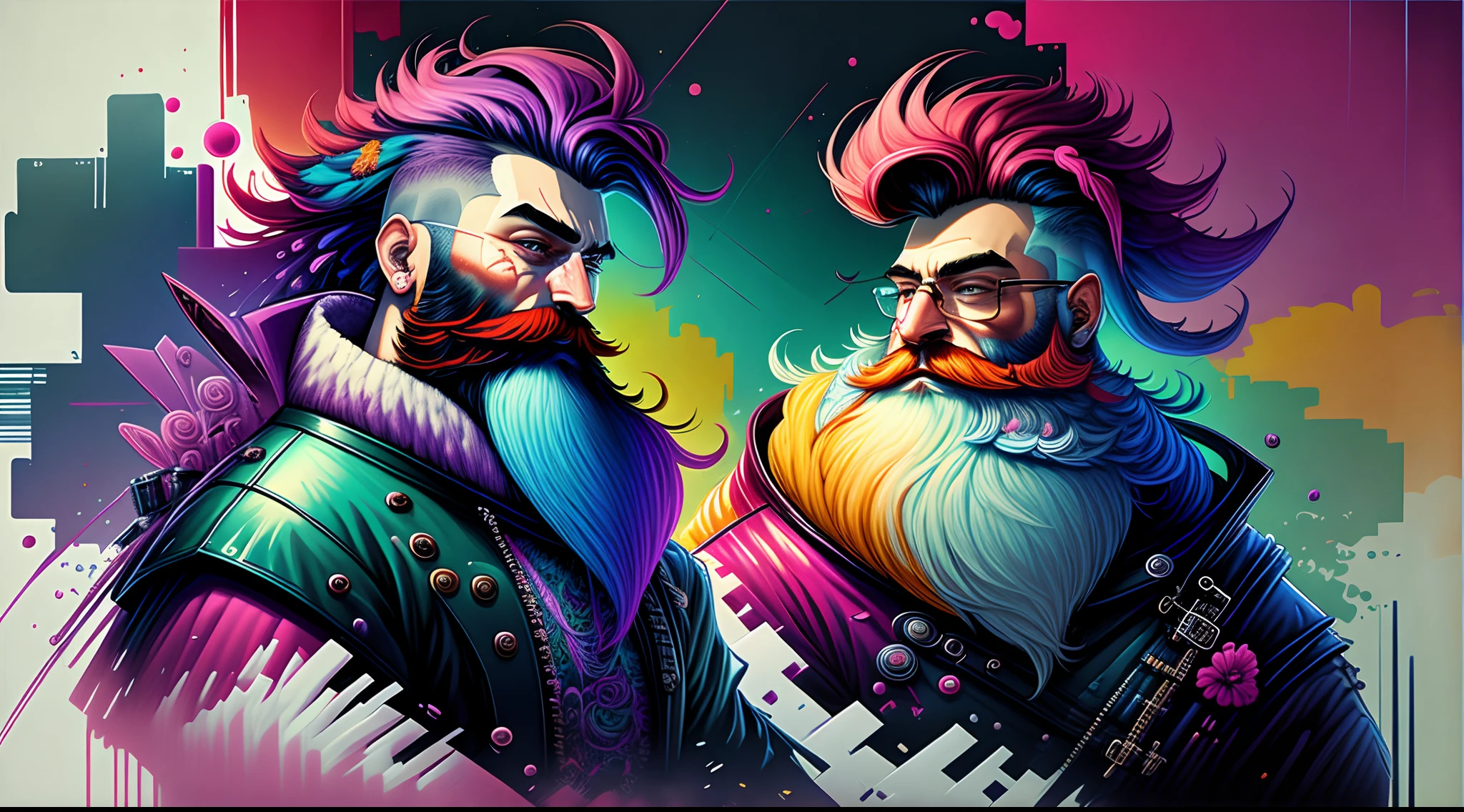 Create digital artworks in the pop art style, Featuring vibrant and confident man with dredlock hair and long beard and colorful fashion, Cinematic color scheme, Surrounded by abstract floral patterns, Energetic brush strokes,The mood must be dynamic.