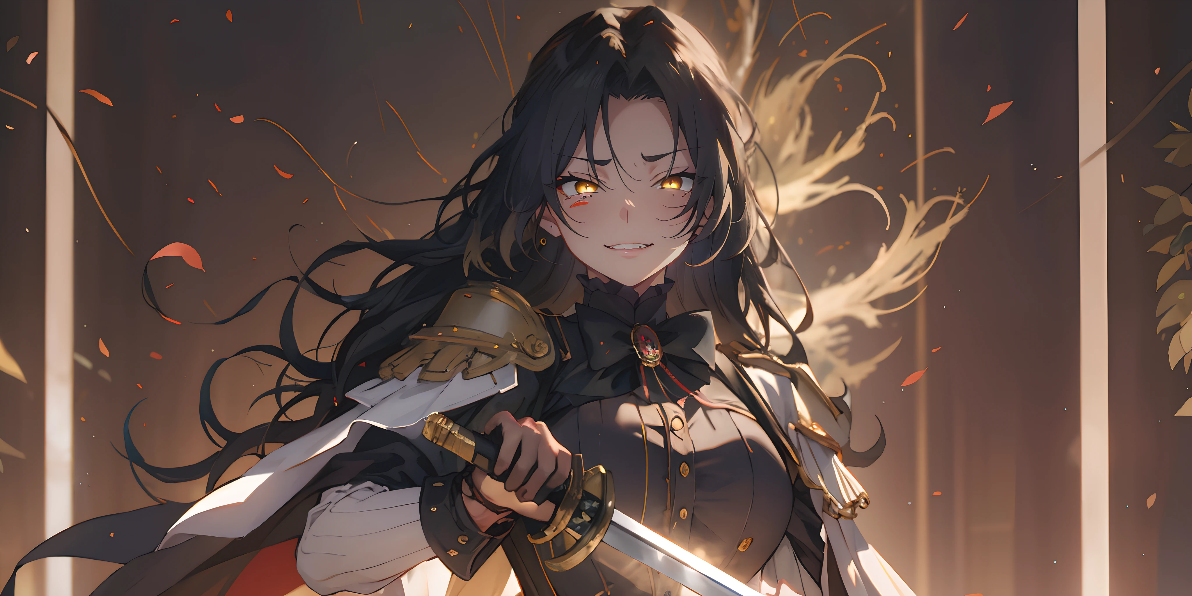 dominique_de_sade, (long hair, black hair:1.5), yellow eyes, sweating, glowing eyes, heavy breathing, female focus, 1girl, breasts, gloves, large_breasts, holding, uniform, solo, cape, black_gloves, sword, long_sleeves, holding_sword, buttons, parted_lips, upper_body, military_uniform, military, katana, aiguillette, looking_at_viewer, holding_sword, lips, double-breasted, closed_mouth, "glow effects, godrays, Hand drawn, render, 8k, octane render, cinema 4d, blender, dark, atmospheric 4k ultra detailed, cinematic, Sharp focus, big depth of field, Masterpiece, colors, 3d octane render, 4k, concept art, trending on artstation, hyperrealistic, Vivid colors, extremely detailed CG unity 8k wallpaper, trending on CGSociety, Intricate, High Detail, dramatic", anime coloring, anime screencap, sweating, steaming body, fog