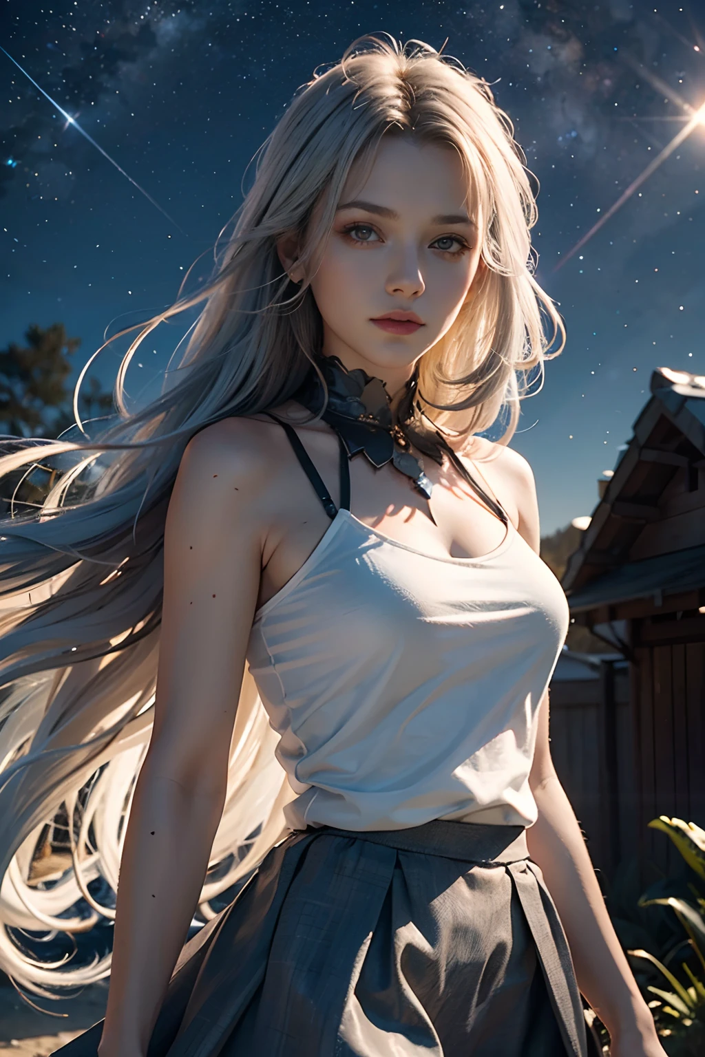 1 beautiful woman，Long gray-white hair，Long flowing hair，Outdoor starry sky，meteors，（RAW photos，best qualtiy），（realisticlying，photograph realistic：1.3），best qualtiy，highly  detailed，tmasterpiece，Hyper-detailing，illustratio，1girll，The upper part of the body，dynamic angle，Masterpiece Theatre of the World，Messy_Long_Hair，best qualtiy，extremely detailed CG unity 8k wal，ink，astounding，cinmatic lighting，lens_flare，，Stylish translucent skirt