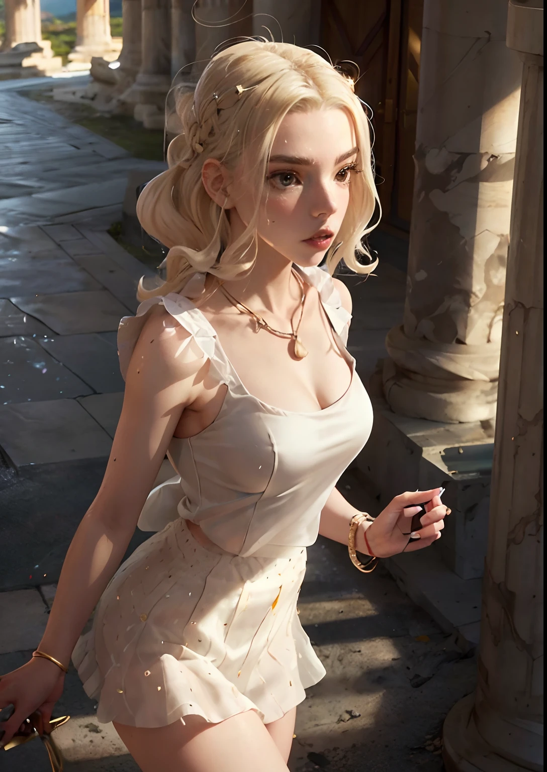 bit tits, lighting on face,  big eyes, white vest, bright back lighting,  gold armband, necklace, upper arm band, linen hair, Greek gauze skirt, Greek temple, Athens, ultra high res, best quality, photo, 4k, (photorealistic:1.2), Anya Taylor-Joy