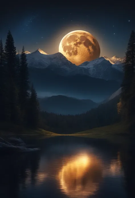 Very starry night. A giant moon behind the mountains. A tranquil lake ...