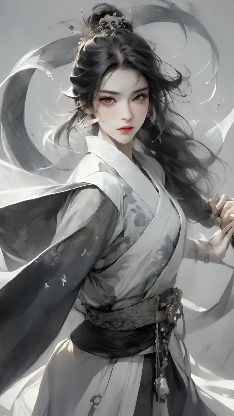 a black-haired，Bust of a man with black eyes，Male man，The expression is serious，Weapon in hand，Attack action，dynamic compositions，low head，Hanfu，Manteau blanc，Cold eyes，Loose hair，（Ink blending ）Belle peinture de personnage，Costume black and white ink styl...