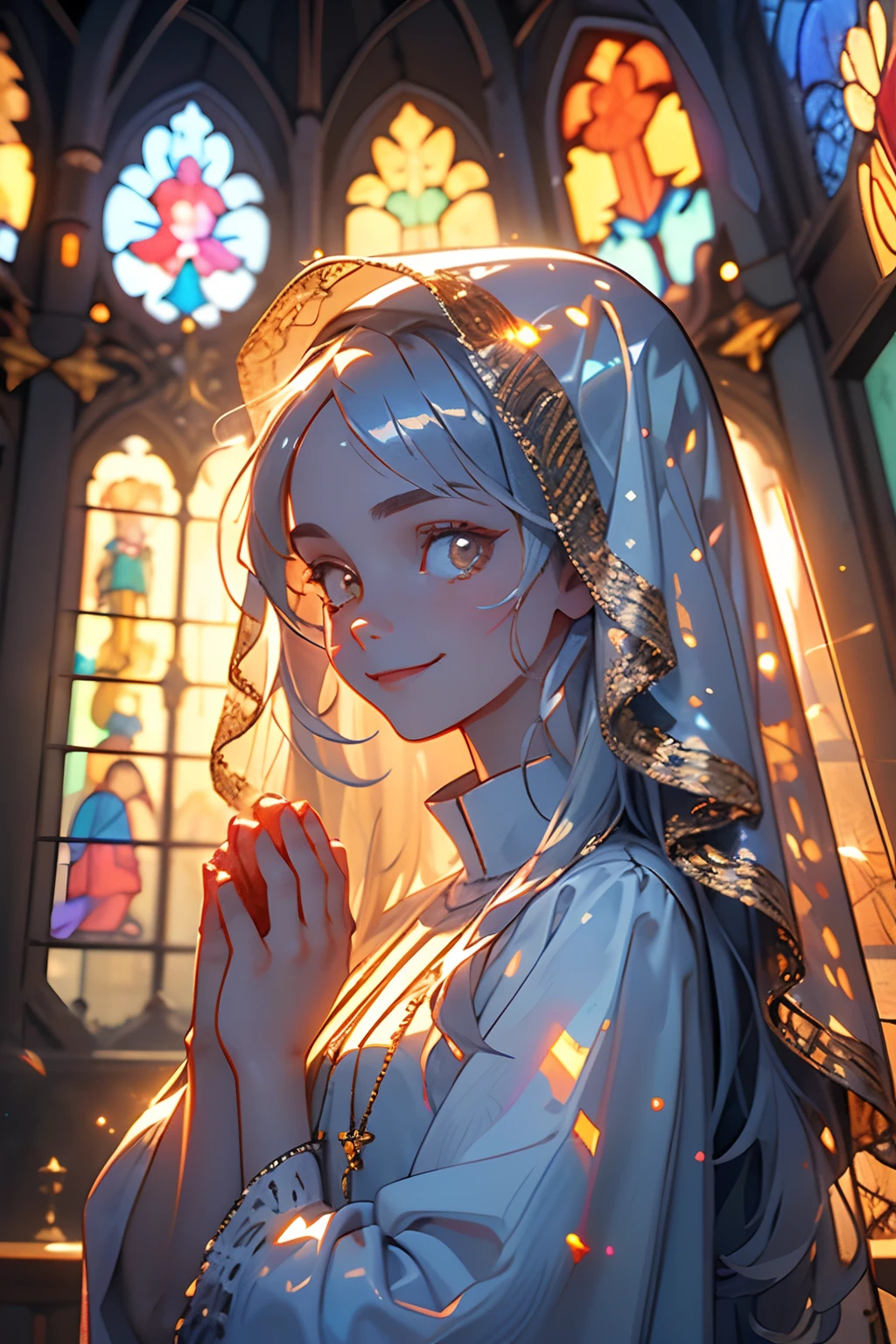 masterpiece, 1 girl, finely detailed, quality, mirrornun, rembrandt lighting, (intricate details), looking at viewer, smile, dramatic, ray tracing, 1girl, silver hair, long curls hair, palms together, own hands together, sparkle, halo, see-through veil, intricate, jewelry, gothic church