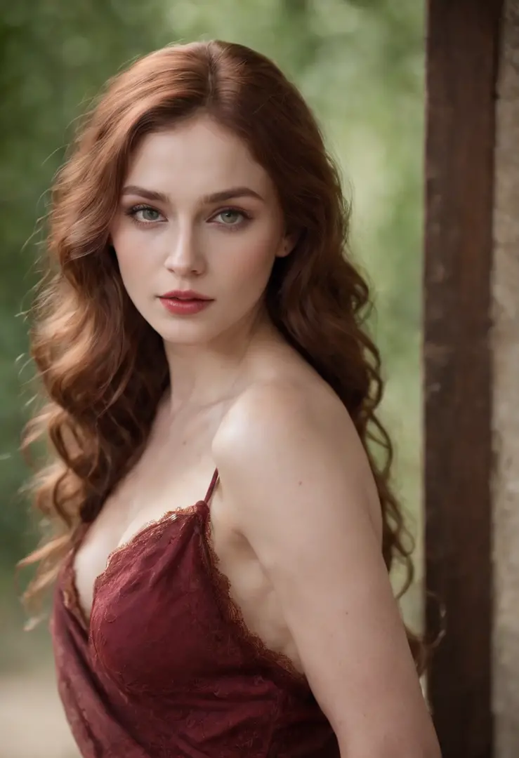 (((a deep reddish wound crosses her left cheek))) fair complexion, woman around 26 years old, natural light brown curly hair, distinctive green eyes, naked, slender and graceful, big boobs,beautiful, candlelight in a medieval setting, ultra sharp focus, re...