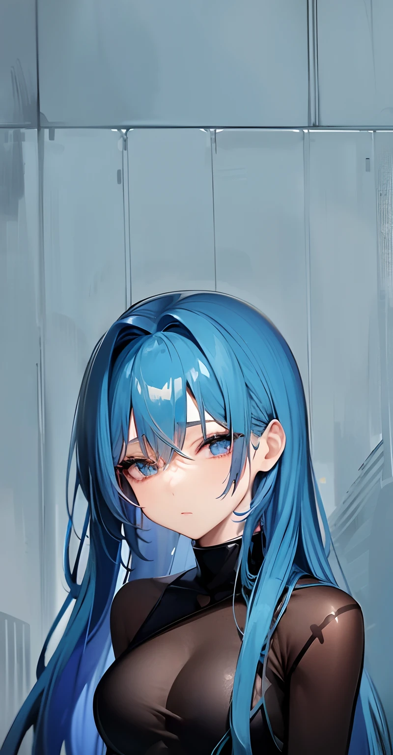 Chica anime con cabello azul y top negro posando frente a una pared. -  SeaArt AI