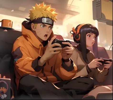 anime characters sitting on a couch playing video games on their swich, anime style 4 k, naruto , trending anime art, hinata hyu...