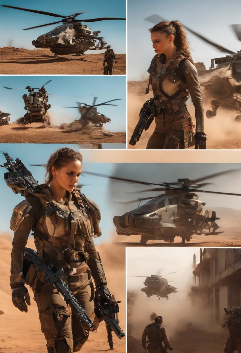 Post-apocalyptic combat scene with a beautiful hyperrealistic photograph of a group of young women with runic swords, ((cara suja Sangue jorrado)), (((vestindo armadura mecha pesada completa, Combat Harness, Destaques Neon))) Dreadlocks Vermelhos Curtos, Pose de combate, (((Holding next to a Sci-Fi Combat helicopter))), exterior of destroyed building, fires, smoke billowing, escombros, Rede de camuflagem, Abstract Beauty Ammunition Boxes, near perfection, forma pura, detalhes intrincados, 8K post-production, high resolution, Super Detalhe, trending on ArtStation, foco nítido, studio photos, detalhes intrincados, Very detailed, Directed by: Greg Rutkowski
