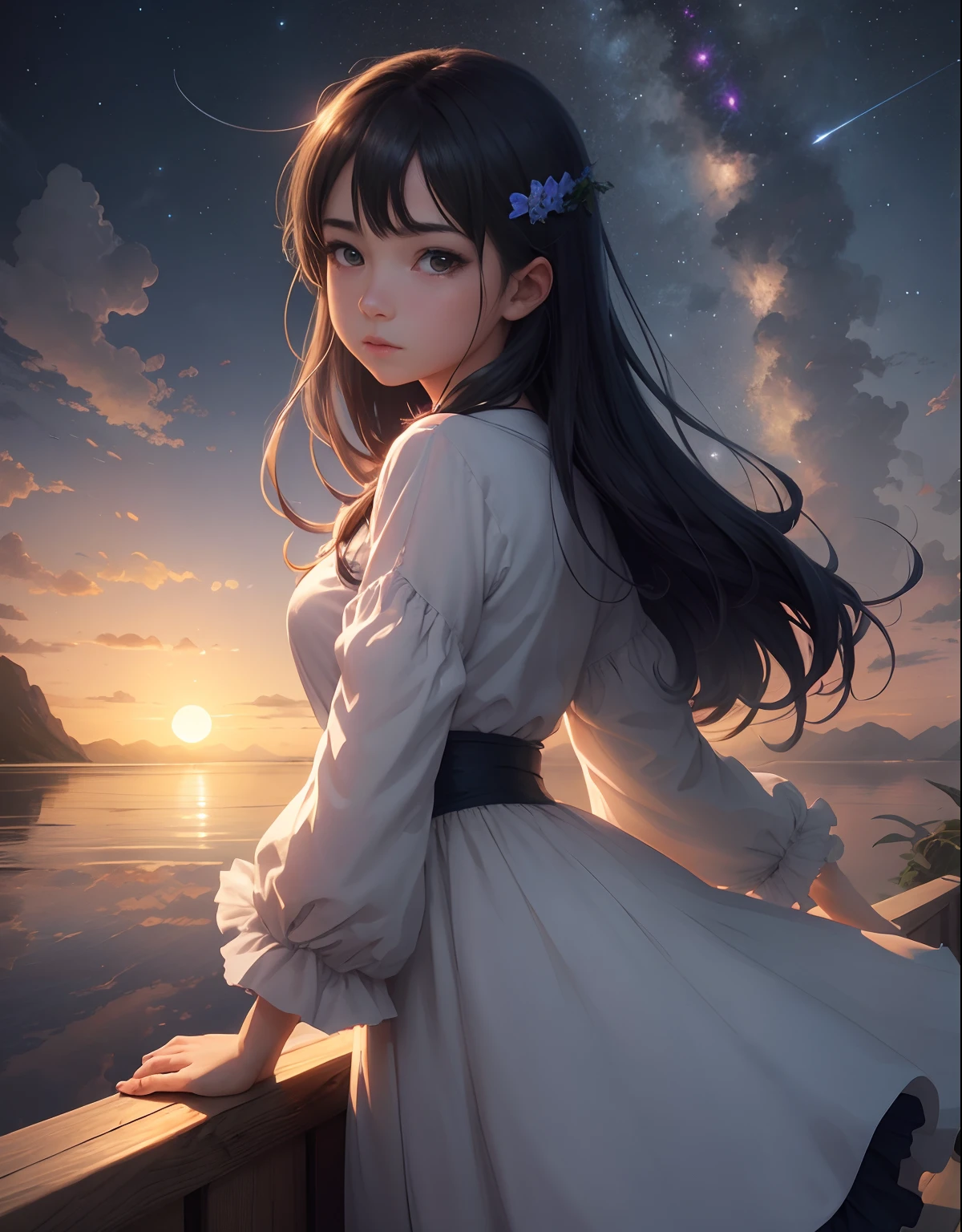 1 girl, eye, close up, beautiful night sky, meteor shower, beyond the clouds, water surrounded, reflections, wide angels, breathtaking clouds, wide angle, by makoto shinkai, thomas kinkade, james gilleard, by holosomnialandscape, hdr, volumetric lighting, ray tracing, an intricate, high details, very detailed, deviantart, 4k vertical wallpaper,, colorful, airy, anime illustration, anime nature wallpaper