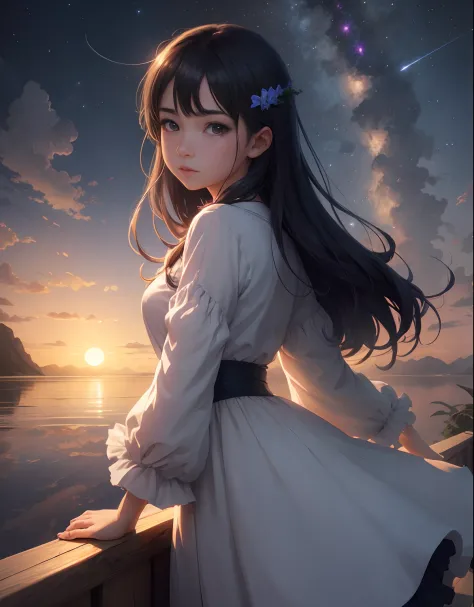 1 girl, eye, close up, beautiful night sky, meteor shower, beyond the clouds, water surrounded, reflections, wide angels, breathtaking clouds, wide angle, by makoto shinkai, thomas kinkade, james gilleard, by holosomnialandscape, hdr, volumetric lighting, ...