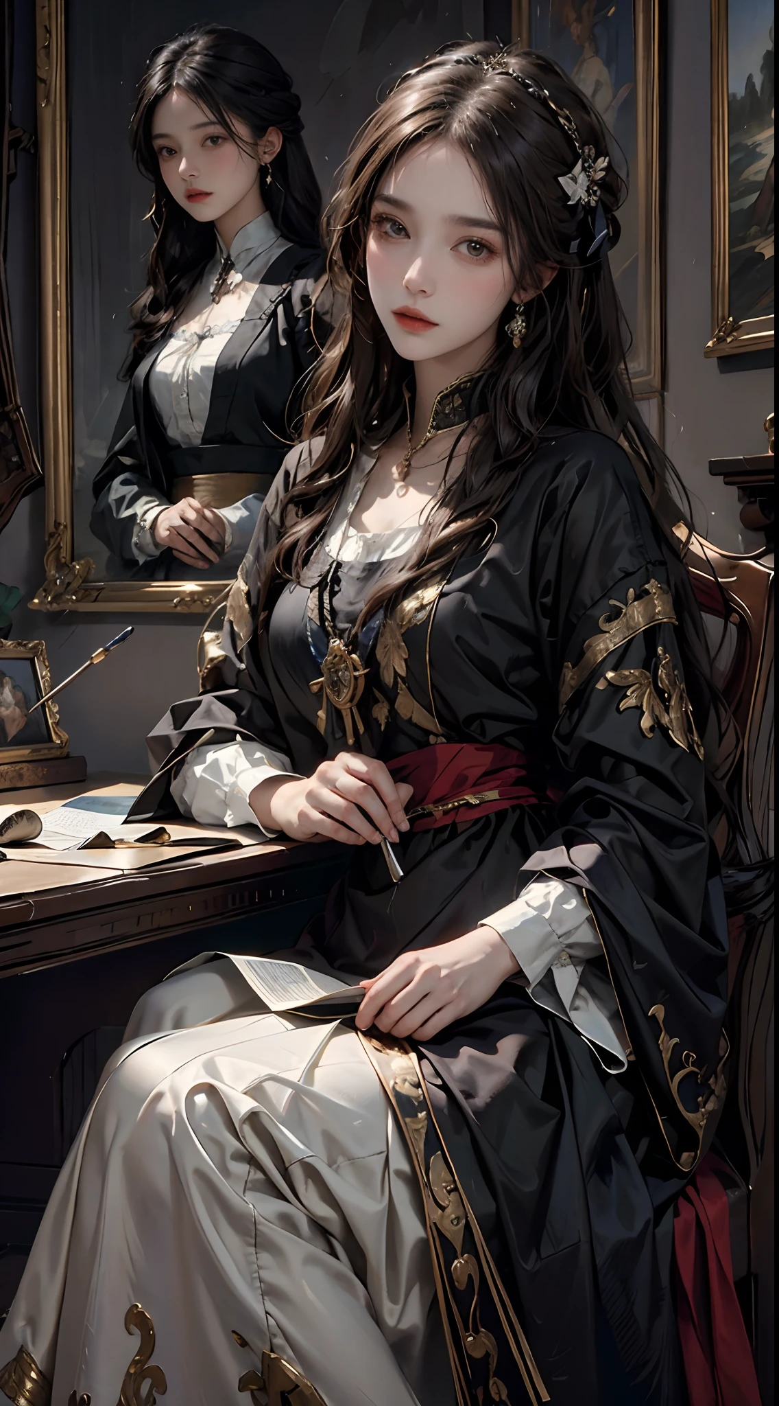 ((Masterpiece oil painting, Highest quality)), beautiful girl wearing renaissance clothing sitting at dressing table, chiaroscuro, light and shadow.