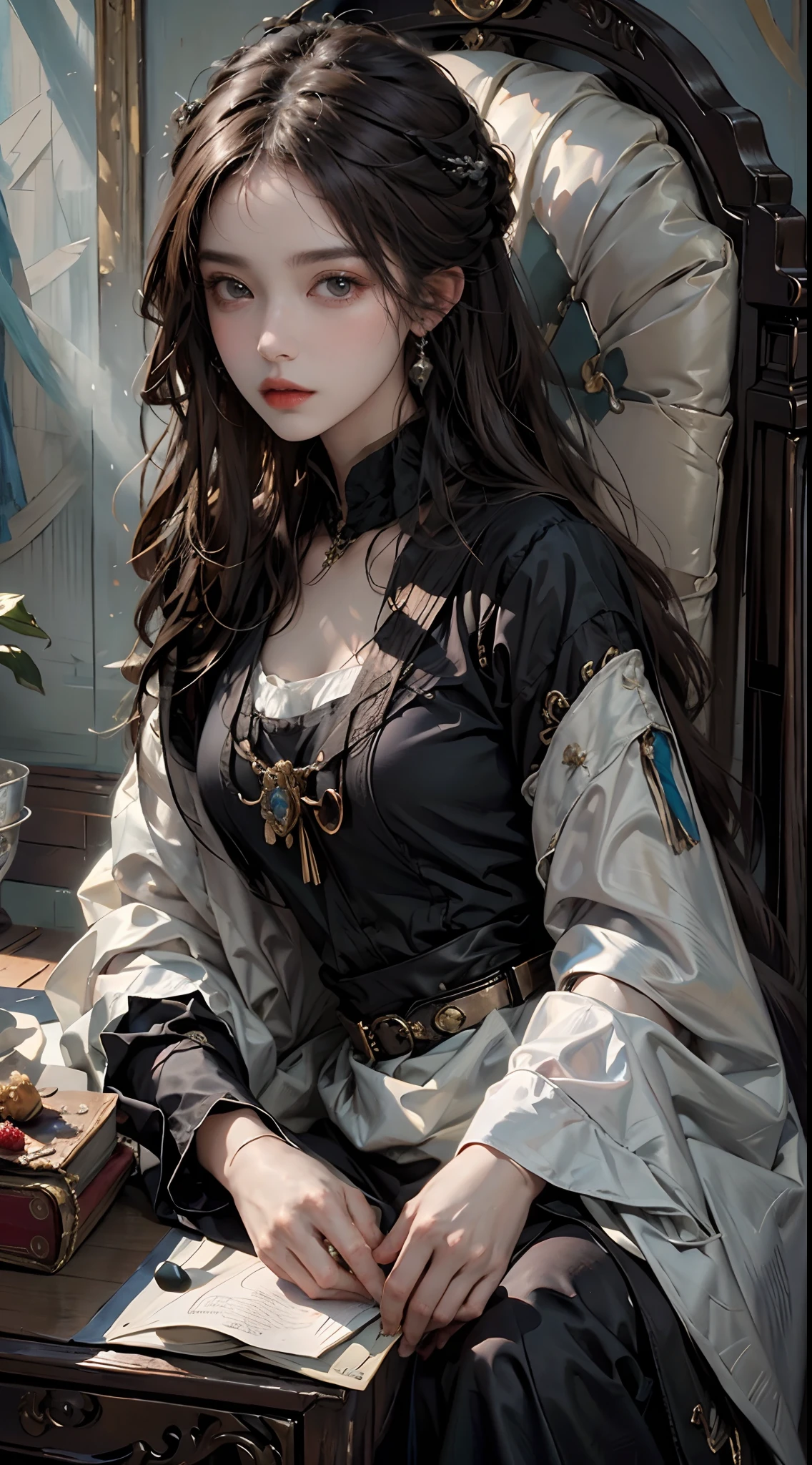 ((Masterpiece oil painting, Highest quality)), beautiful girl wearing renaissance clothing sitting at dressing table, chiaroscuro, light and shadow.