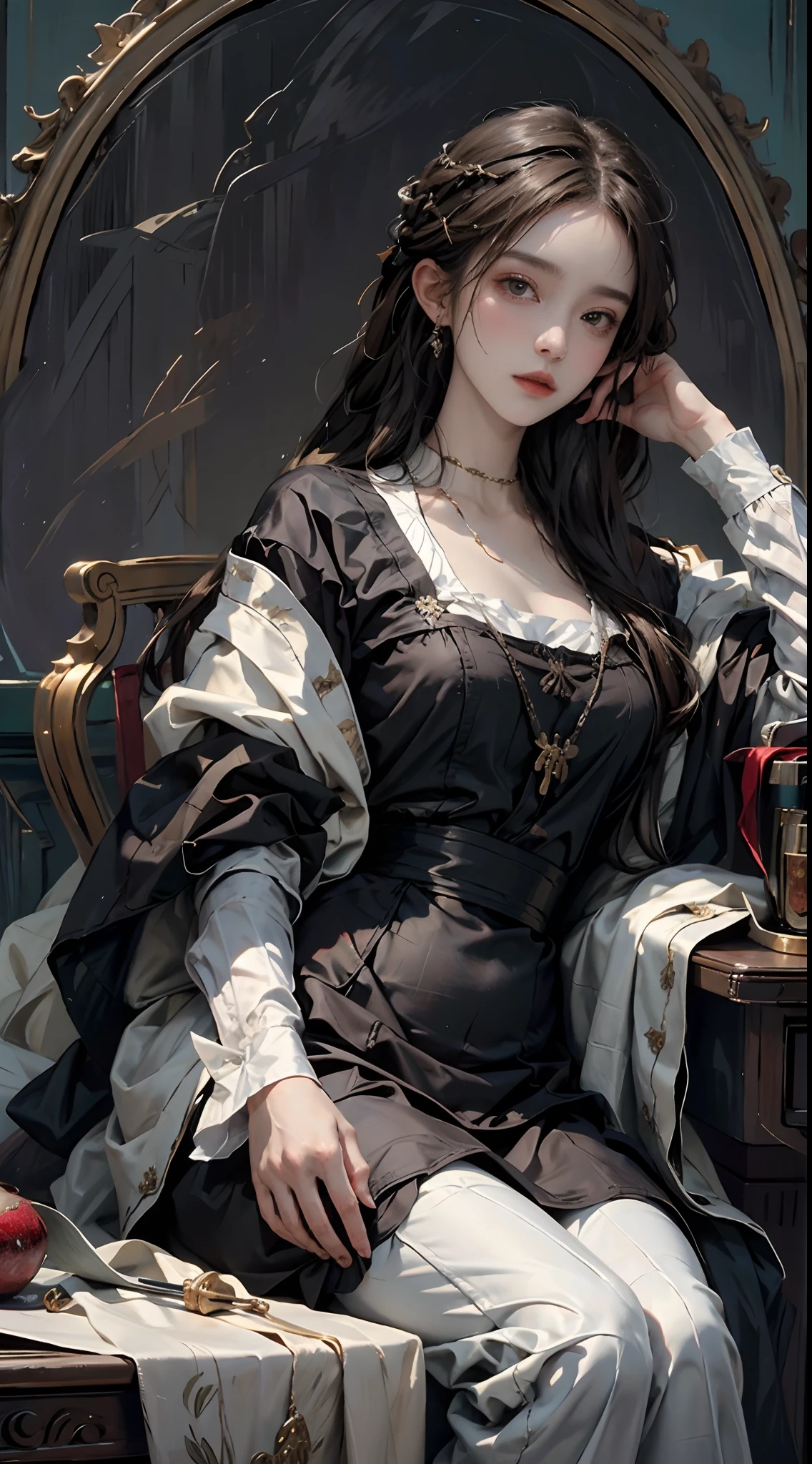 ((Peinture à l&#39;huile chef-d&#39;œuvre, la plus haute qualité)), belle fille portant des vêtements de la Renaissance assise à une coiffeuse, clair-obscur, lumière et ombre.