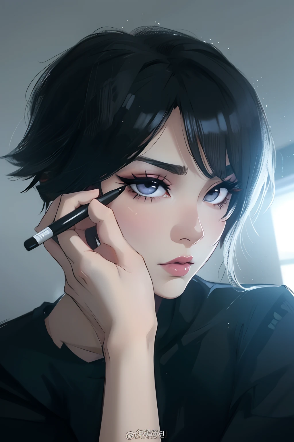 a close up of a woman with a black top and a black mascara, popular south korean makeup, complimentary eyeliner, popular korean makeup, thick fancy eyeliner, round chin black eyeliner, gothic eyeliner, heavy eyeliner, sakimichan, by Tadashi Nakayama, by Yang J, eyeliner, shikamimi, kuvshinov ilya, dark eyeliner, black eyeliner