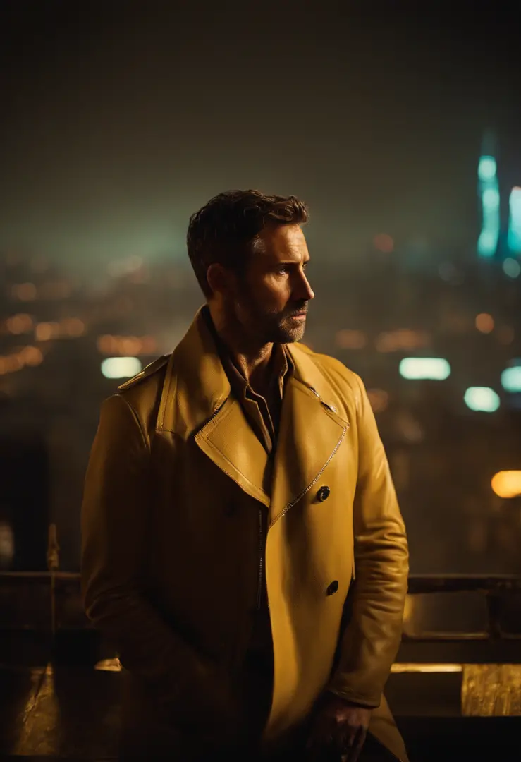 "homem negro, the enigmatic protagonist of Blade Runner 2049, It lies on the edge of a bustling metropolis. As he looks out over the neon-lit cityscape above a thunderstorm, Skies full of pollution, tristeza, Chovendo, olhando para cima. neon lights, fecha...