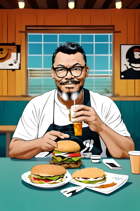 guttojugg1, create a 2d illustration featuring a man wearing glasses who is enjoying a hamburger. the man should be depicted sit...