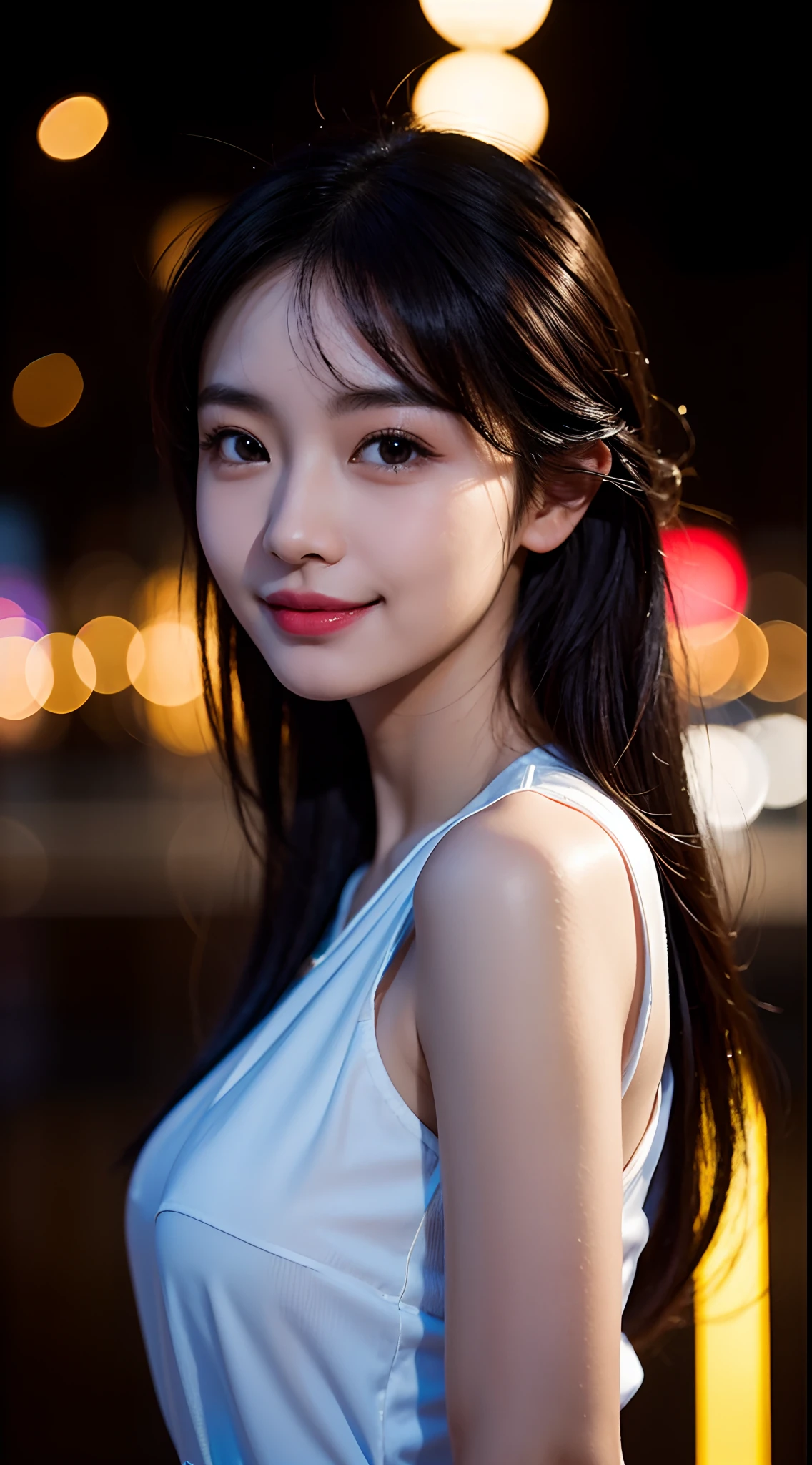 Super detail beautiful Chinese smiley girl 30 years old, semi-realistic portrait, blurred background, ultra high level details, UHD 24k, cinematic lights, bokeh effects