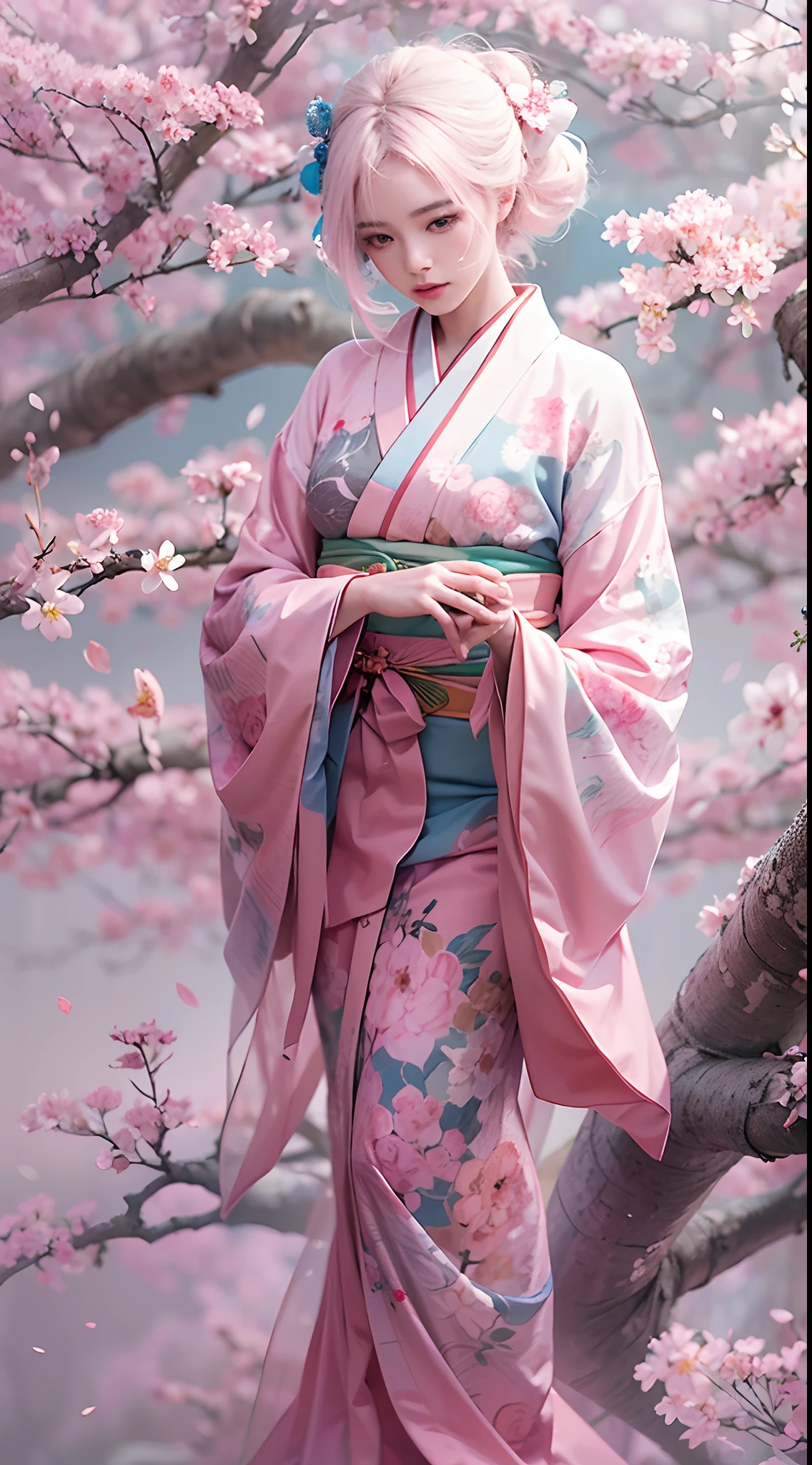 초현실주의, 매우 상세한, 어린아이의 고해상도 16k 이미지, 아름다운 여성 유령 또는 수호신. 연한 핑크빛 머리카락과 투명한 피부를 가지고 있어요, 오비에 작은 벚꽃 문양이 있는 일본 전통 기모노를 입고 있습니다.. 이미지는 영계의 천상의 아름다움과 신비를 포착합니다.. 스타일은 섬세한 것에서 영감을 얻었습니다., 일본 전통 미술에서 찾은 부드러운 미학.